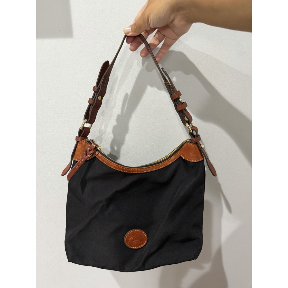 Dooney & Bourke Black Large Erica Hobo Shoulder Bag Purse Nylon Tan Leather Trim